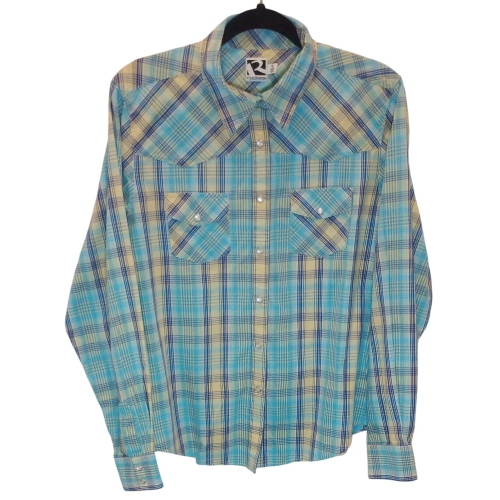 Rockies Vintage Western Shirt Women’s XL Blue Plaid Pearl Snap Coastal Cowgirl - Picture 3 of 12